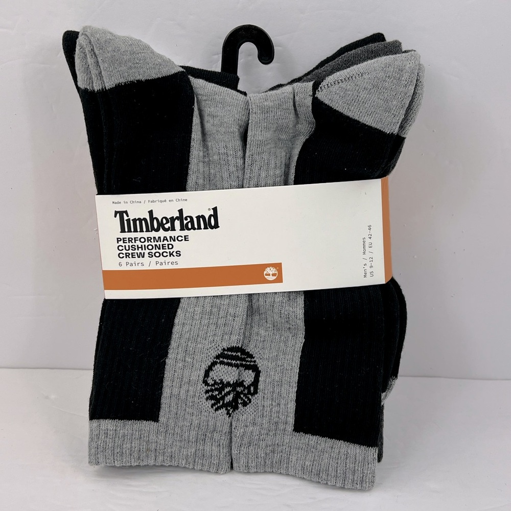 TIMBERLAND, CUSHIONED CREW SOCKS, SIX  PAIRS, MEN’S BLACK, GREY & WHITE COLORS